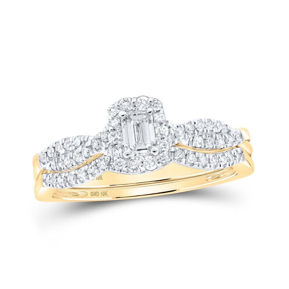Captivating Emerald Diamond Halo Wedding Ring Band Set - Splendid Jewellery