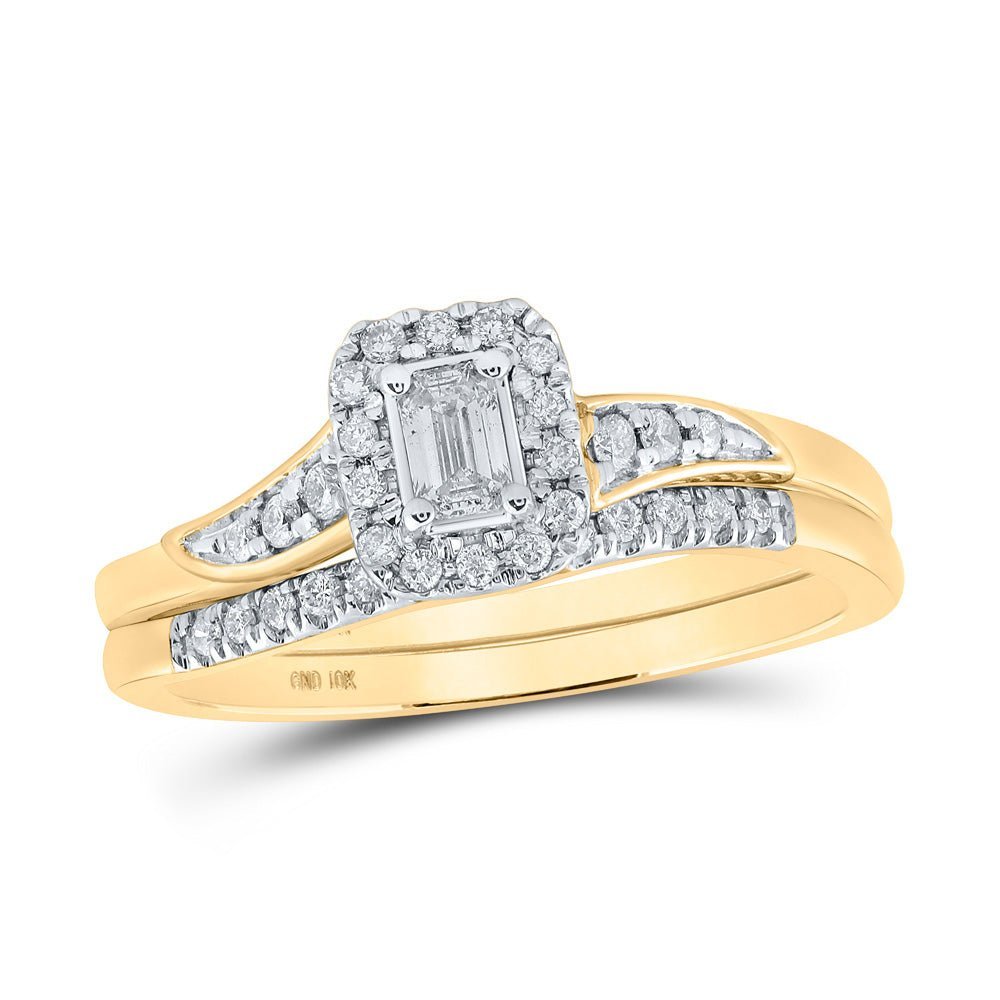 Captivating Emerald Halo Diamond Wedding Ring Set in 10kt Yellow Gold - Splendid Jewellery