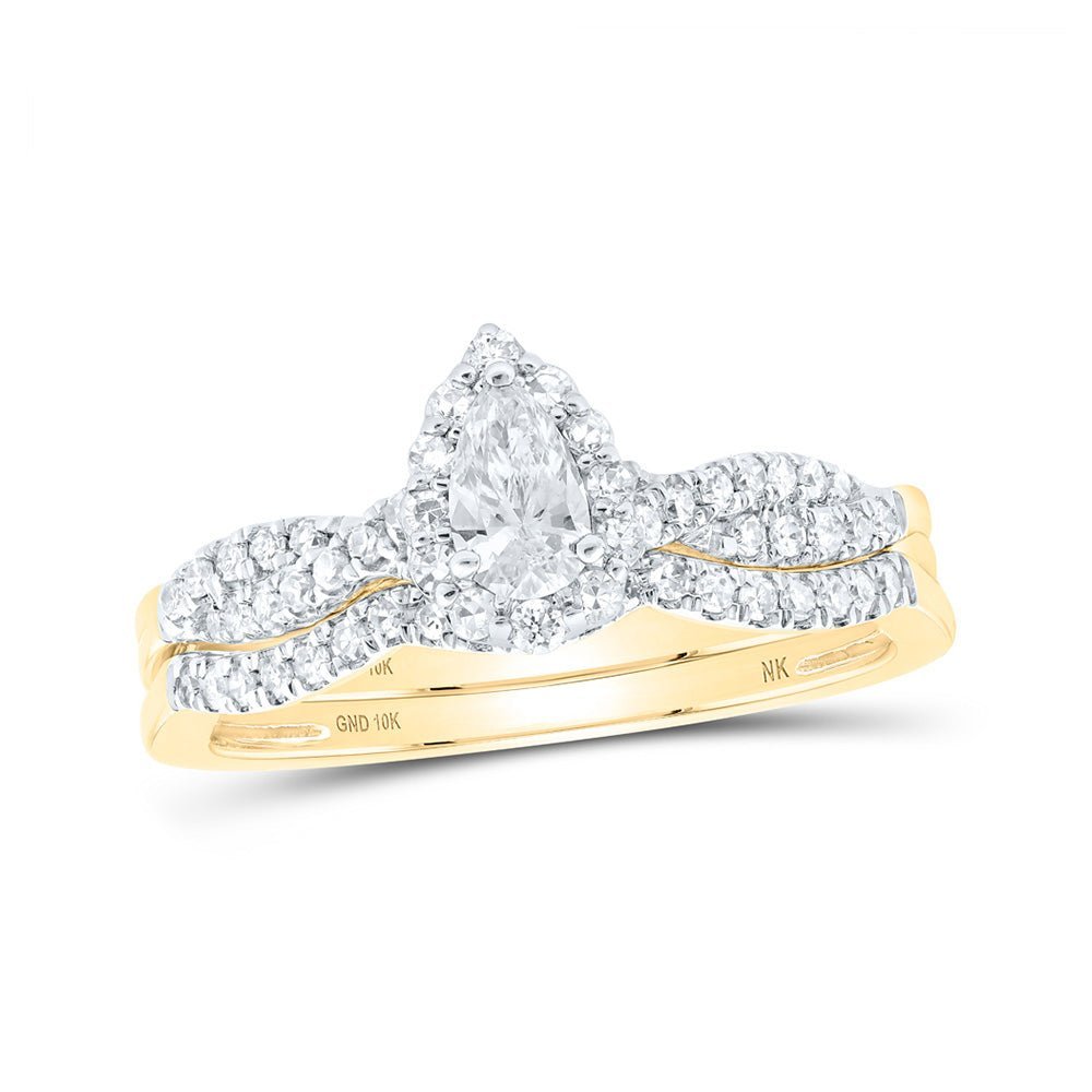 Captivating Eternity: 10kt Yellow Gold Pear Diamond Halo Bridal Wedding Ring Band Set - Splendid Jewellery