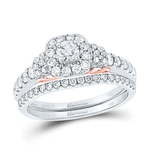 Load image into Gallery viewer, Captivating Harmony: 14kt Two-tone Gold Diamond Halo Bridal Wedding Ring Band Set with Blue Sapphire Accents - Top View