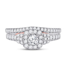 Load image into Gallery viewer, Captivating Harmony: 14kt Two-tone Gold Diamond Halo Bridal Wedding Ring Band Set with Blue Sapphire Accents - Front View