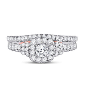 Captivating Harmony: 14kt Two-tone Gold Diamond Halo Bridal Wedding Ring Band Set with Blue Sapphire Accents - Front View