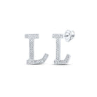 Captivating Initial Brilliance: 10kt White Gold Womens Round Diamond L Initial Letter Earrings 1/10 Cttw - Splendid Jewellery