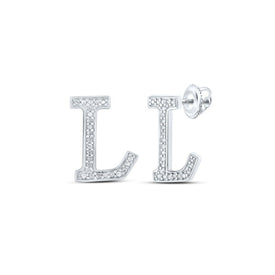 Captivating Initial Brilliance: 10kt White Gold Womens Round Diamond L Initial Letter Earrings 1/10 Cttw - Splendid Jewellery