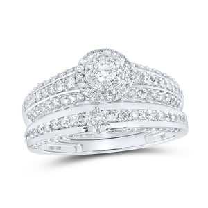 Captivating Love Story | 10kt White Gold His Hers Round Diamond Halo Matching Wedding Set 1 - 3/4 Cttw - Splendid Jewellery