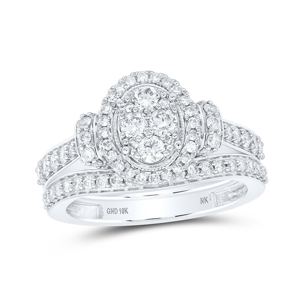 Captivating Love Story | 10kt White Gold Round Diamond Oval Cluster Bridal Wedding Ring Band Set 1 Cttw | Splendid Jewellery - Splendid Jewellery