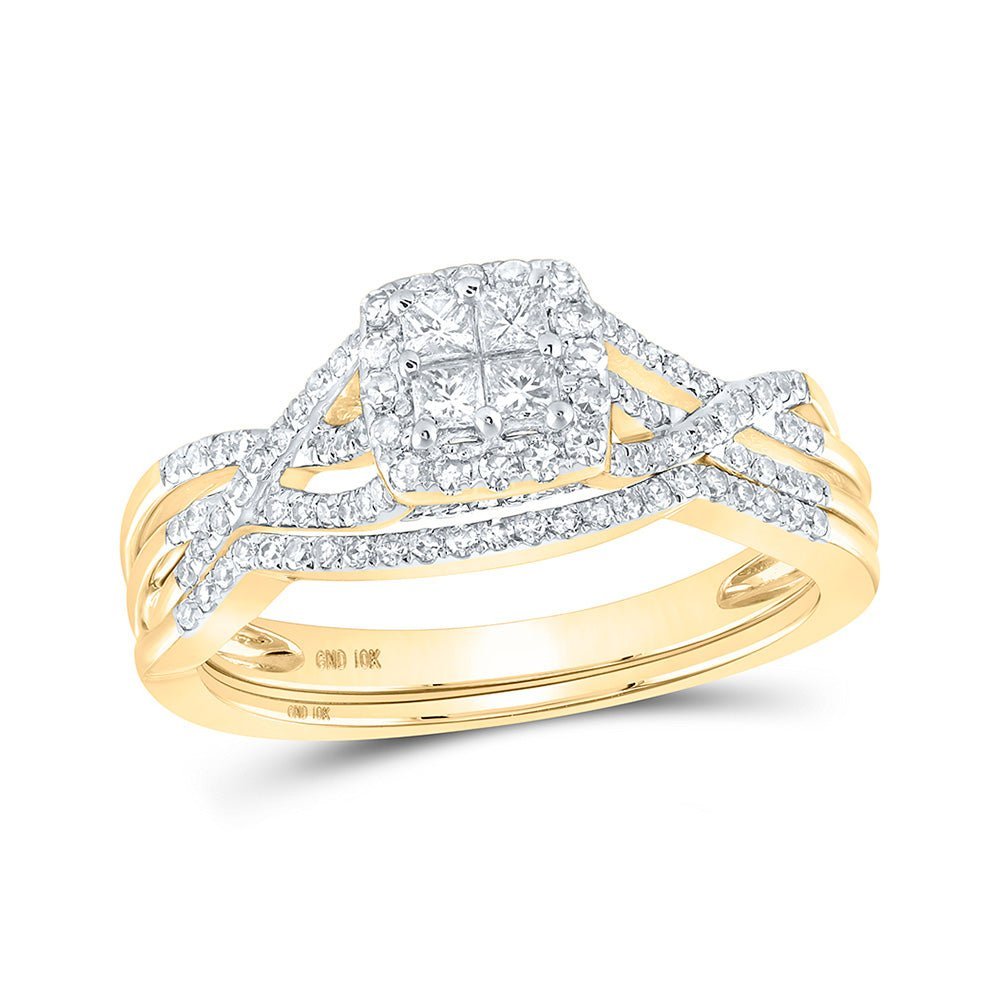Captivating Love Story | 10kt Yellow Gold Princess Diamond Square Twist Bridal Wedding Ring Band Set 1/2 Cttw - Splendid Jewellery