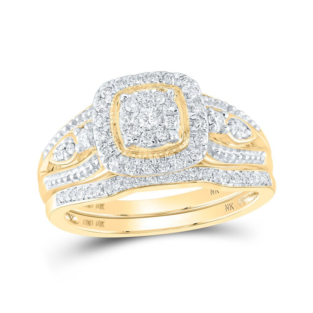 Captivating Love Story | 10kt Yellow Gold Round Diamond Square Cluster Bridal Wedding Ring Band Set 3/8 Cttw - Splendid Jewellery