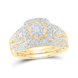 Captivating Love Story | 10kt Yellow Gold Round Diamond Square Cluster Bridal Wedding Ring Band Set 3/8 Cttw - Splendid Jewellery
