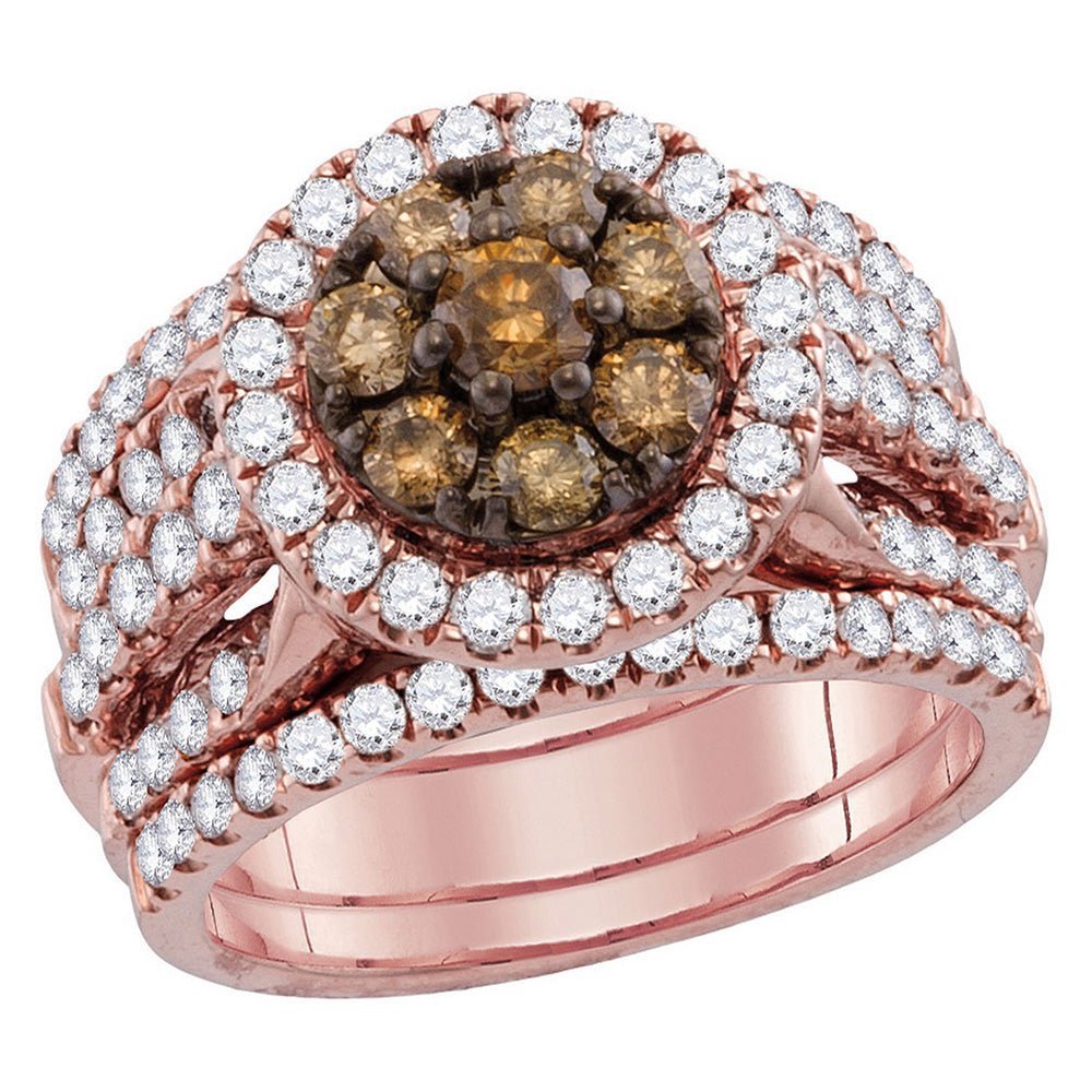 Captivating Love Story | 14kt Rose Gold Womens Round Brown Diamond Bridal Wedding Ring Band Set 3 Cttw - Splendid Jewellery
