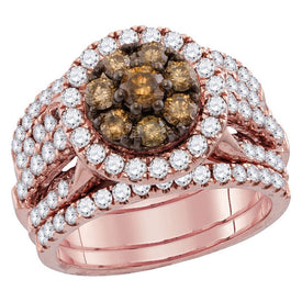 Captivating Love Story | 14kt Rose Gold Womens Round Brown Diamond Bridal Wedding Ring Band Set 3 Cttw - Splendid Jewellery