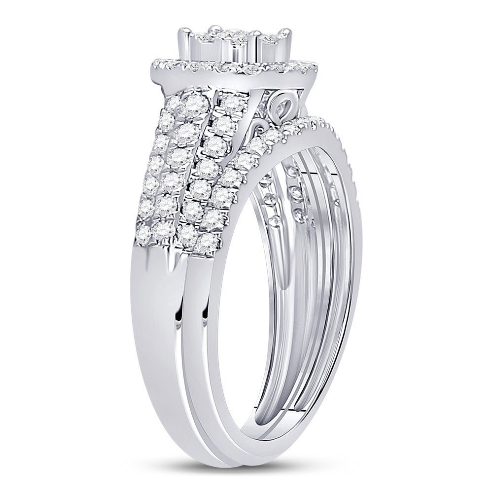 Captivating Love Story | 14kt White Gold Round Diamond Cluster Halo Bridal Wedding Ring Band Set 1 Cttw - Splendid Jewellery