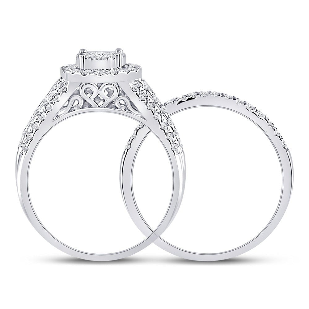 Captivating Love Story | 14kt White Gold Round Diamond Cluster Halo Bridal Wedding Ring Band Set 1 Cttw - Splendid Jewellery