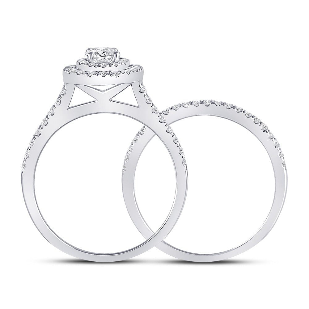 Captivating Love Story | 14kt White Gold Round Diamond Halo Bridal Wedding Ring Band Set 1 Cttw - Splendid Jewellery