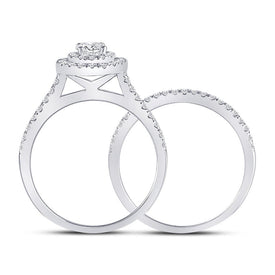 Captivating Love Story | 14kt White Gold Round Diamond Halo Bridal Wedding Ring Band Set 1 Cttw - Splendid Jewellery