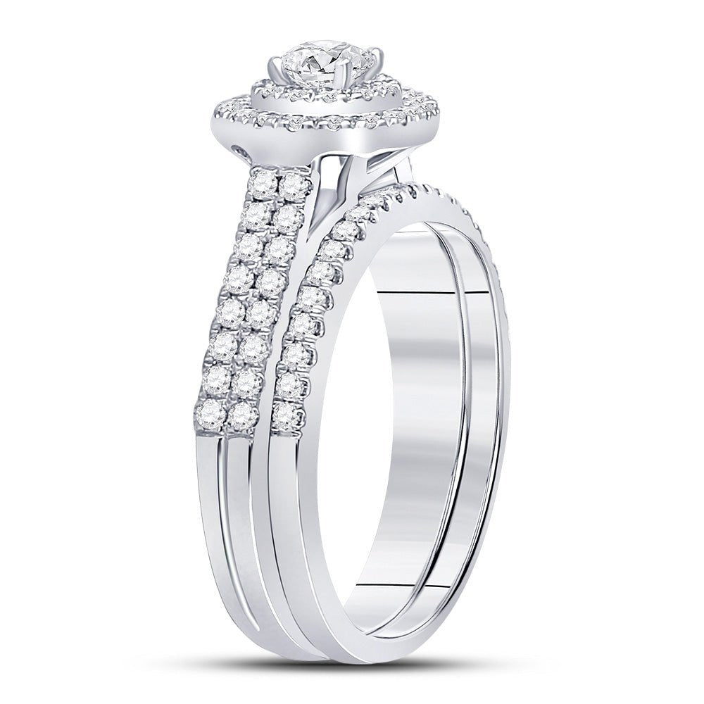 Captivating Love Story | 14kt White Gold Round Diamond Halo Bridal Wedding Ring Band Set 1 Cttw - Splendid Jewellery