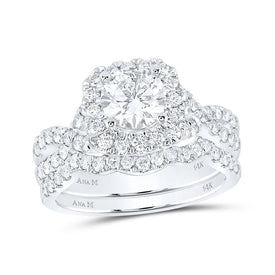 Captivating Love Story | 14kt White Gold Round Diamond Halo Bridal Wedding Ring Band Set 2 Cttw - Splendid Jewellery