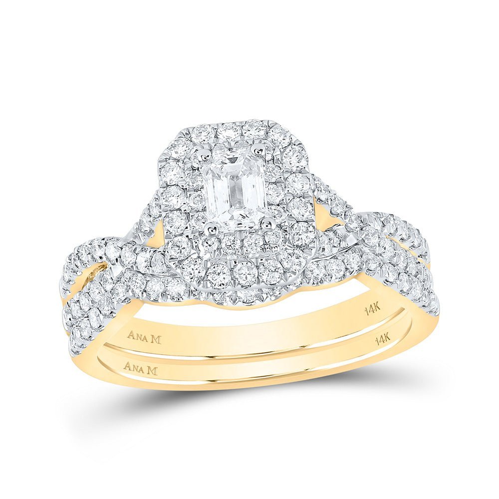 Captivating Love Story | 14kt Yellow Gold Emerald Diamond Halo Bridal Wedding Ring Band Set 1 Cttw - Splendid Jewellery
