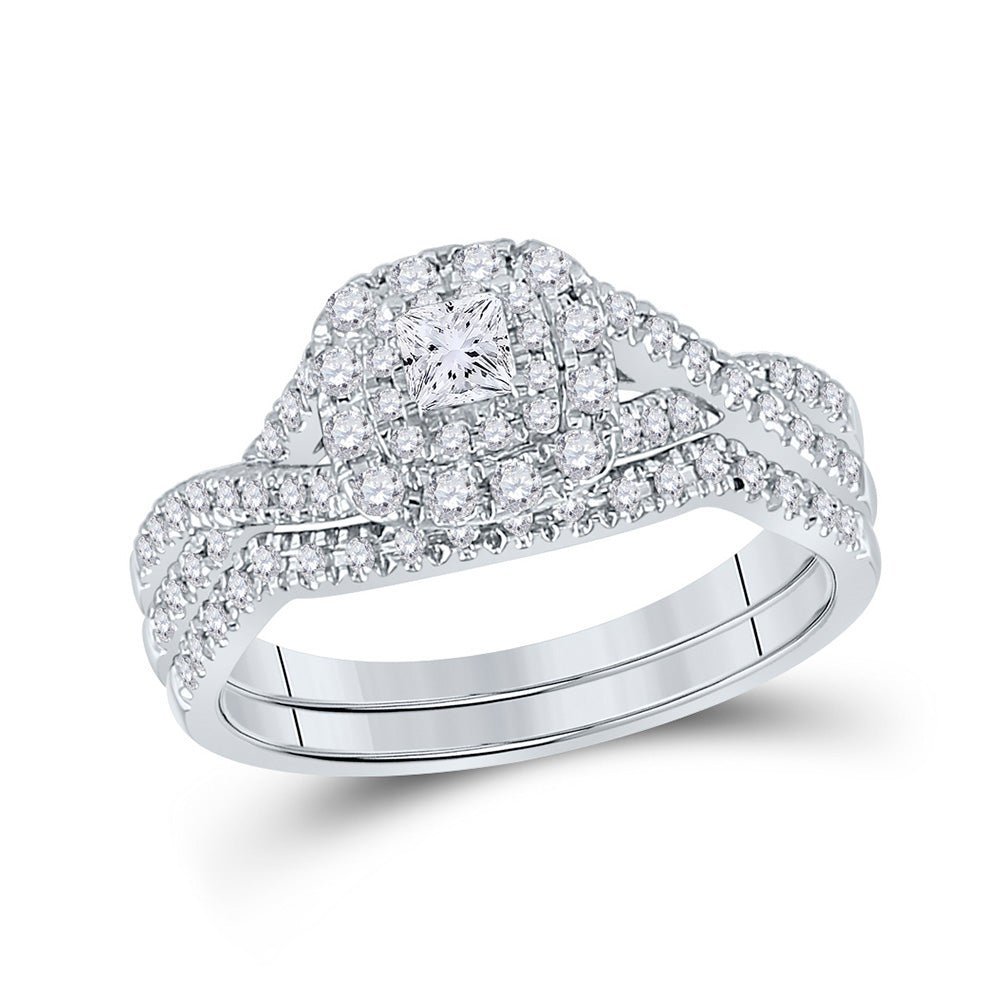 Captivating Love's Embrace 14kt White Gold Princess Diamond Halo Bridal Wedding Ring Band Set - Splendid Jewellery
