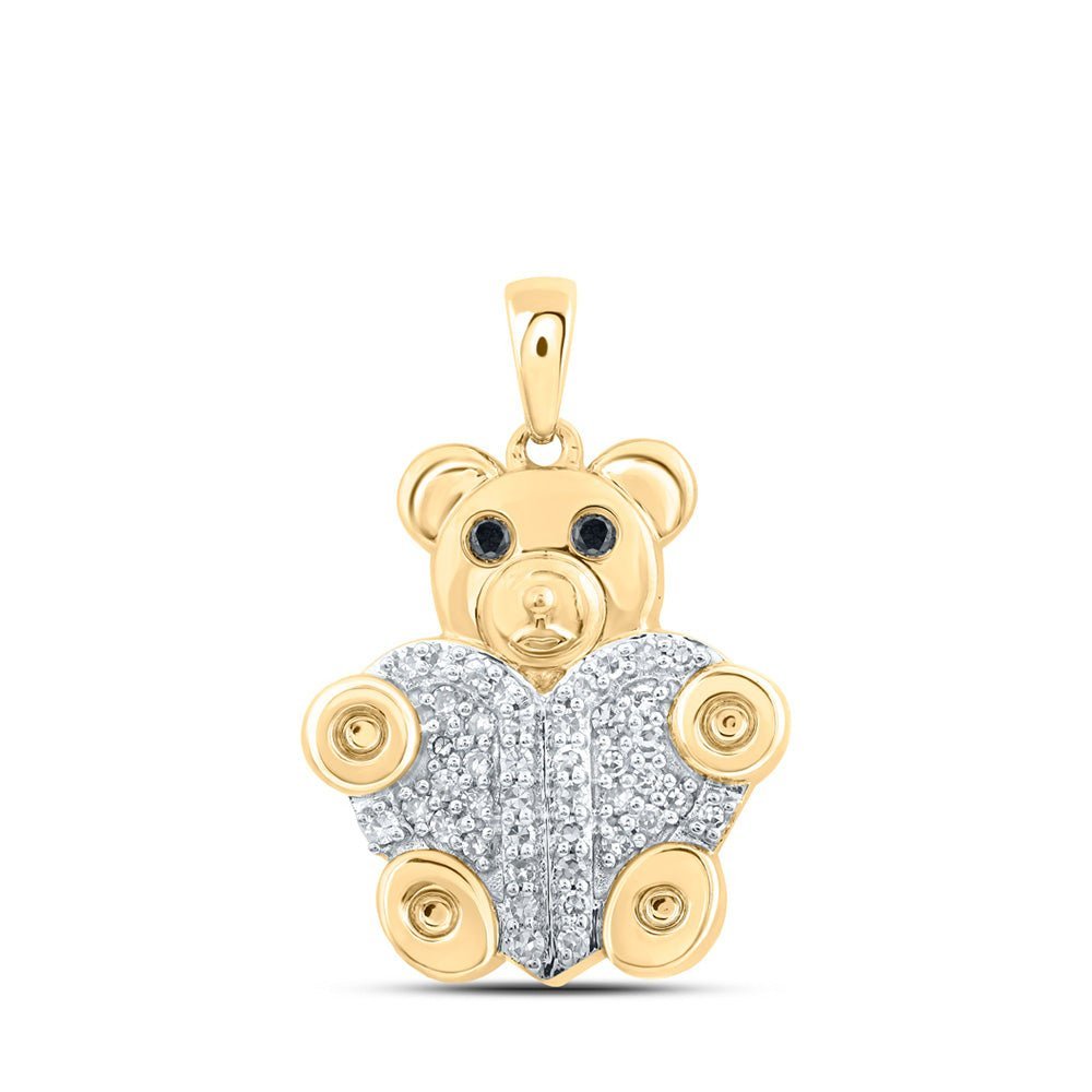 Captivating Nature's Whimsy Pendant | 10kt Yellow Gold Womens Round Black Color Treated Diamond Bear Animal Pendant 1/5 Cttw - Splendid Jewellery