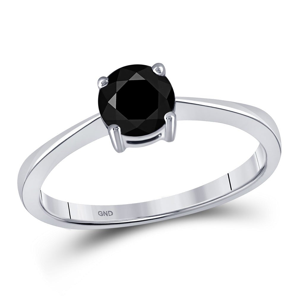 Captivating Noir Elegance: 10kt White Gold Round Black Color Enhanced Diamond Solitaire Bridal Wedding Ring 1 Cttw - Splendid Jewellery