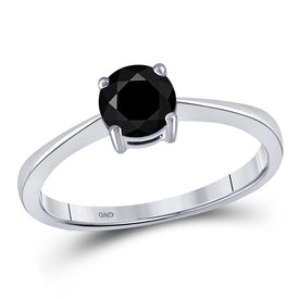 Captivating Noir Elegance: 10kt White Gold Round Black Color Enhanced Diamond Solitaire Bridal Wedding Ring 1 Cttw - Splendid Jewellery