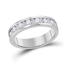 Load image into Gallery viewer, Captivating Symphony: 14kt White Gold Womens Alternating Round Baguette Diamond Single Row Wedding Band 1 Cttw Top View from Splendid Jewellery