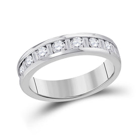 Captivating Symphony: 14kt White Gold Womens Alternating Round Baguette Diamond Single Row Wedding Band 1 Cttw Top View from Splendid Jewellery
