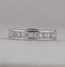 Load image into Gallery viewer, Captivating Symphony: 14kt White Gold Womens Alternating Round Baguette Diamond Single Row Wedding Band 1 Cttw Front View from Splendid Jewellery