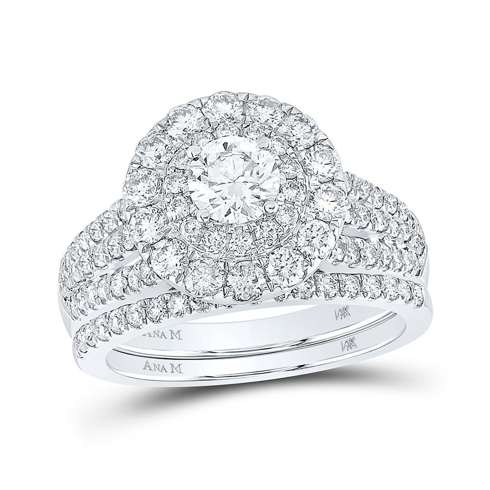 Captivating Two - Tone Gold Diamond Halo Bridal Wedding Ring Set with Blue Sapphire Accents - Splendid Jewellery