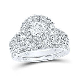 Captivating Two - Tone Gold Diamond Halo Bridal Wedding Ring Set with Blue Sapphire Accents - Splendid Jewellery