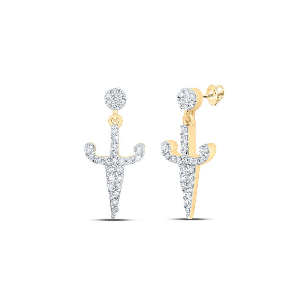 Dagger Sparkle: 10kt Yellow Gold Womens Round Diamond Dagger Dangle Earrings - Splendid Jewellery