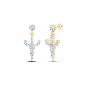 Dagger Sparkle: 10kt Yellow Gold Womens Round Diamond Dagger Dangle Earrings - Splendid Jewellery
