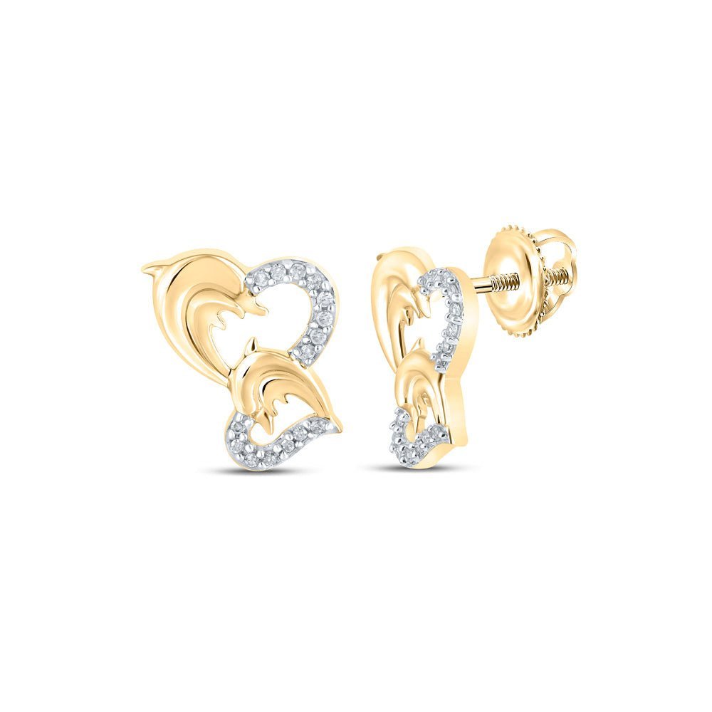 Dazzling 10kt Yellow Gold Womens Round Diamond Dolphin Heart Earrings - Splendid Jewellery