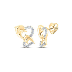 Dazzling 10kt Yellow Gold Womens Round Diamond Dolphin Heart Earrings - Splendid Jewellery