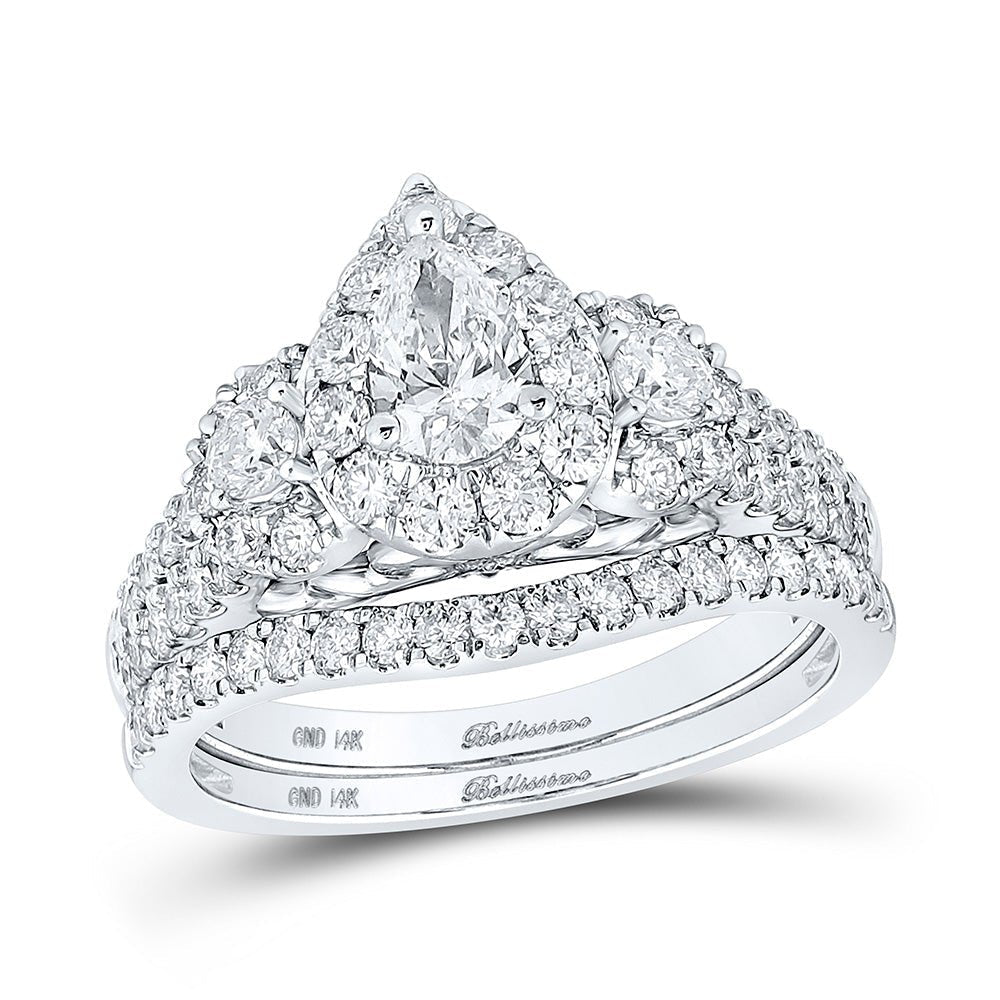 Dazzling 14kt White Gold Pear Diamond Halo Bridal Wedding Ring Band Set - Splendid Jewellery