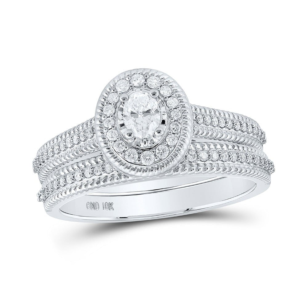 Dazzling Brilliance | 10kt White Gold Oval Diamond Halo Bridal Wedding Ring Band Set 1/2 Cttw - Splendid Jewellery