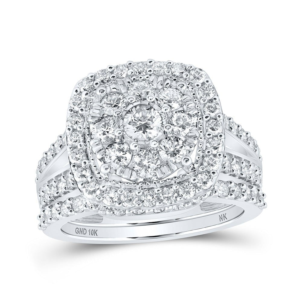 Dazzling Brilliance: 10kt White Gold Round Diamond Cluster Bridal Wedding Ring Band Set 1 - 7/8 Cttw - Splendid Jewellery