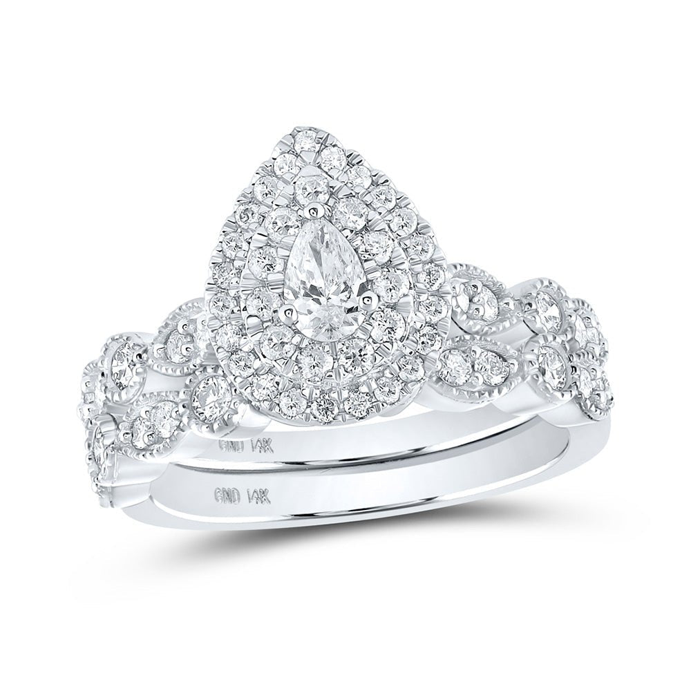 Dazzling Elegance: 14kt White Gold Pear Diamond Halo Bridal Wedding Ring Band Set 1 Cttw - Splendid Jewellery