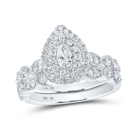 Dazzling Elegance: 14kt White Gold Pear Diamond Halo Bridal Wedding Ring Band Set 1 Cttw - Splendid Jewellery