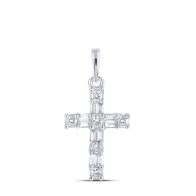 Dazzling Faithful Love Pendant | 10kt White Gold Womens Baguette Diamond Cross Pendant 1/6 Cttw - Splendid Jewellery