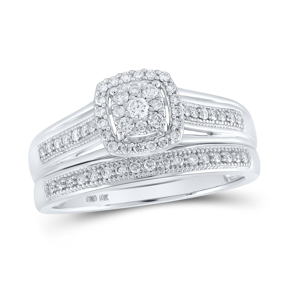 Dazzling Love Story | 10kt White Gold Round Diamond Cluster Bridal Wedding Ring Band Set 1/3 Cttw - Splendid Jewellery