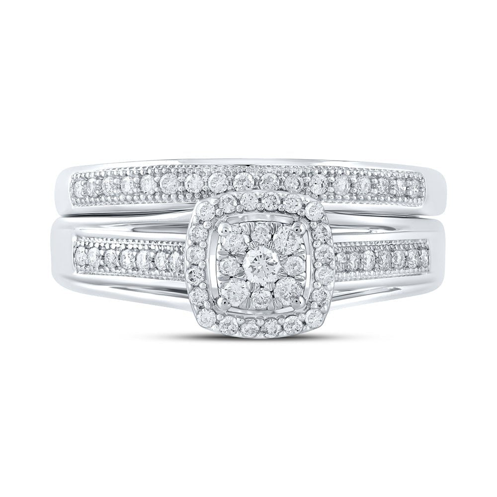 Dazzling Love Story | 10kt White Gold Round Diamond Cluster Bridal Wedding Ring Band Set 1/3 Cttw - Splendid Jewellery