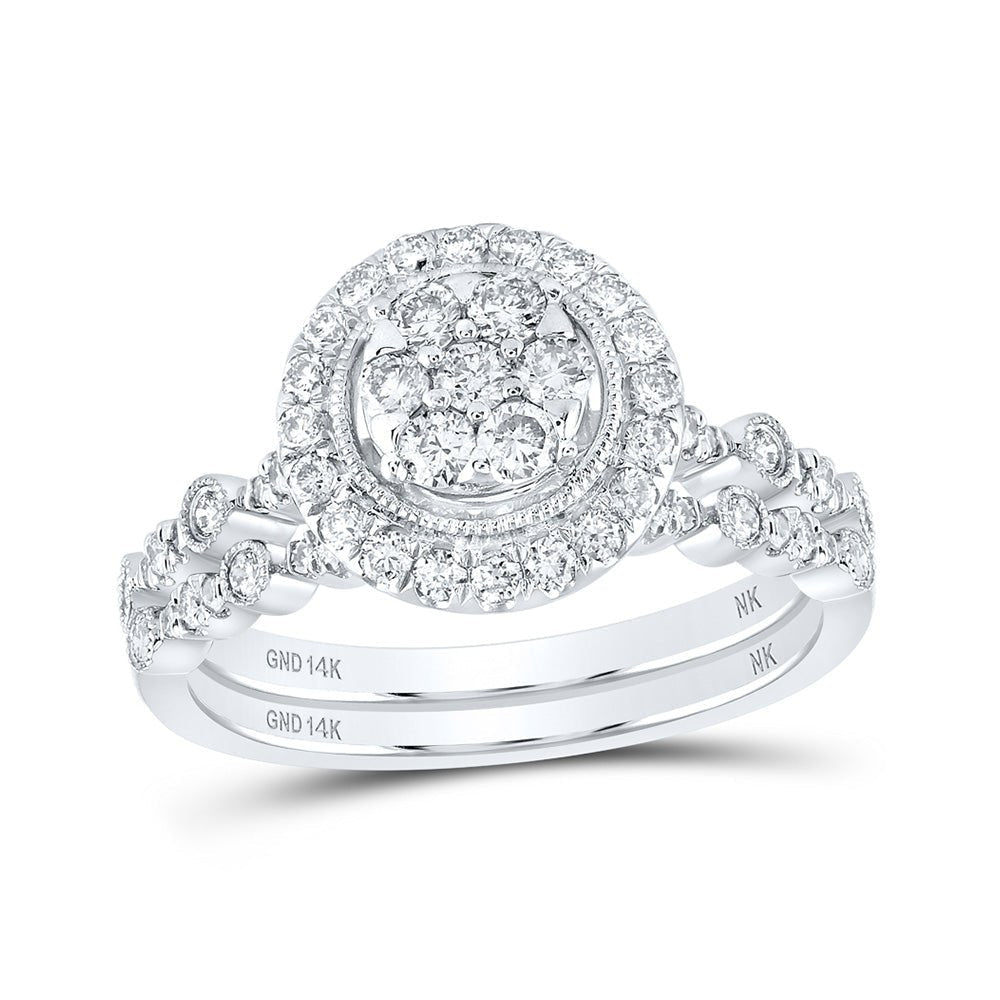 Dazzling Love Story | 14kt White Gold Round Diamond Cluster Bridal Wedding Ring Band Set 3/4 Cttw - Splendid Jewellery