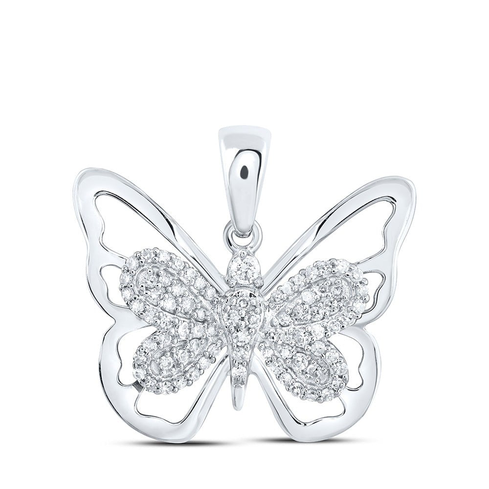 Diamond Animal & Bug Pendant | 10kt White Gold Womens Round Diamond Butterfly Pendant 1/5 Cttw | Splendid Jewellery GND