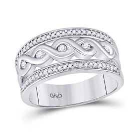 Radiant Elegance: 10kt White Gold Women's Diamond Scroll Band Ring Top view from the 10Kt White Gold Womens Round Diamond Twist Scroll Band Ring 1 4 Cttwpin282737 collection by Splendid Jewellery
