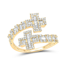 Load image into Gallery viewer, Radiant Cross Cuff Diamond Band - 10kt Yellow Gold Womens Round Diamond Ring 3/4 Cttw product  Top View from Splendid Jewellery