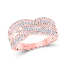 Load image into Gallery viewer, Rose Gold Baguette Diamond Crossover Band Ring: A Dazzling Display of Elegance and Sophistication - Top View