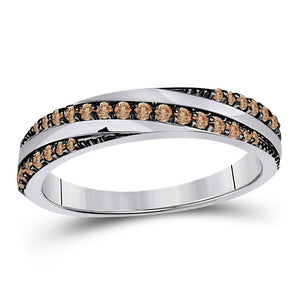 Diamond Band | 14kt White Gold Womens Round Brown Diamond Diagonal Stripe Band Ring 1/4 Cttw | Splendid Jewellery GND