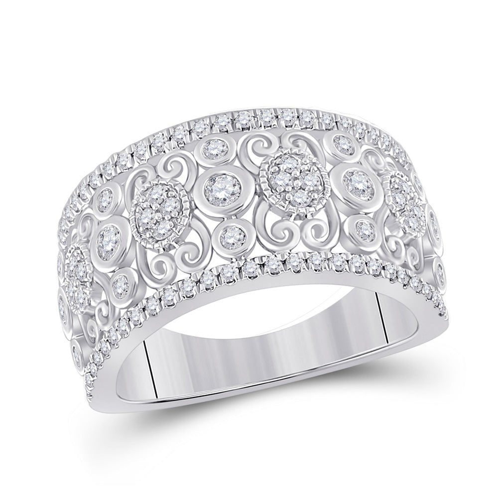 Diamond Band | 14kt White Gold Womens Round Diamond Scroll Cluster Band Ring 5/8 Cttw | Splendid Jewellery GND